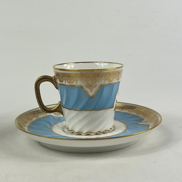 Antique French Demitasse Cup & Saucer Mansard Paris Blue Gold Monogram Porcelain - Picture 5 of 13